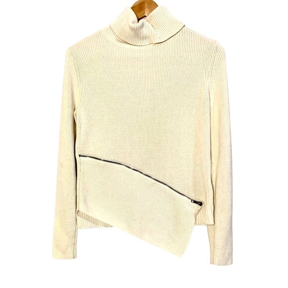 Asymmetrical Ribbed Turtleneck Side Zip Sweater XS Cream Knit Texture Neutral - Picture 2 of 10